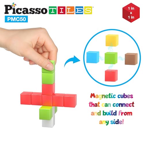 PicassoTiles Kids Pixel 1” Magnetic Puzzle Cube Mix & Match with Free Ideabook Sensory Toys STEAM Learning Building Block Magnets Construction Toy Set Stacking Magnet Creative Kit - style: 50pc