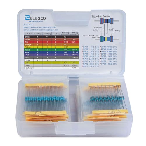 ELEGOO 525 Pcs 1/4W Metal Film Fixed Resistor Kit, 17 Values, ±1% Tolerance