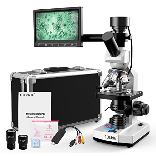 Lab Compound Monocular Microscopes with Constant Temperature,Dual-View Microscope for Adults Students with 40X-2500X Magnification, WF10X/25X Eyepiece, 7'' LCD Screen, Built in 5MP Camera