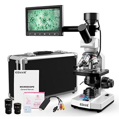Lab Compound Monocular Microscopes with Constant Temperature,Dual-View Microscope for Adults Students with 40X-2500X Magnification, WF10X/25X Eyepiece, 7'' LCD Screen, Built in 5MP Camera