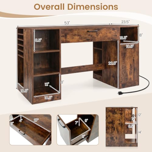 COSTWAY Sewing Machine Table with Power Outlets, Massive Storage (Brown) - color: Brown