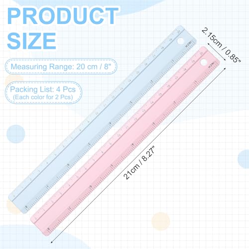 PATIKIL Metal Ruler 8 Inch/20cm, 4 Pcs Aluminum Straight Edge Ruler, Dual Scale Measuring Tool with Inch/Centimeter Scales & Hole for Math Office Drawing Engineering Home, Pink/Blue - color: Pink/Blue