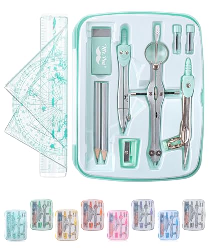 Mr. Pen- Geometry Set, 13 pcs, 3 Metal Compasses, Protractor, 6" Ruler | 45° & 30°/60° Set Squares, Pencils, Lead Refills, Sharpener & Eraser for Math, Drafting & Classroom Use - color: Green