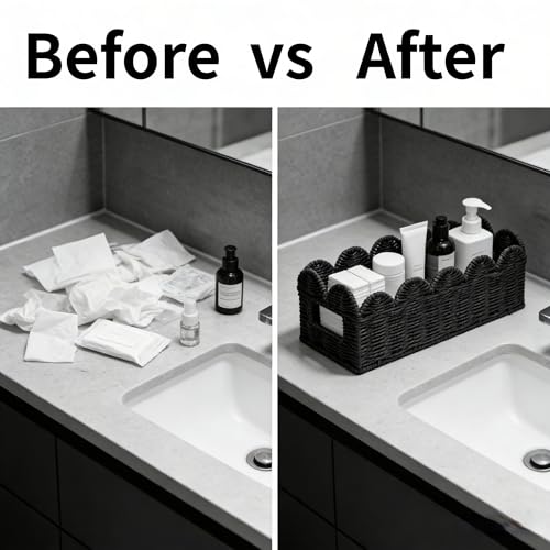 Black Scalloped Basket, Toilet Tank Tray, Back of Toilet - color: Black