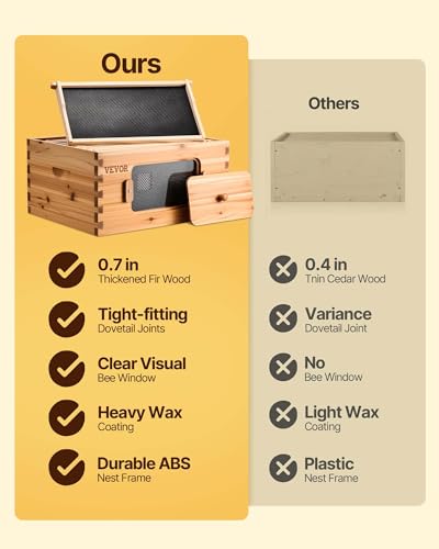 VEVOR Bee Hive 10 Frame Bee Hives Starter Kit, Beeswax Coated Fir Wood, 1 Deep + 1 Medium Bee Boxes Langstroth Beehive Kit, Transparent Acrylic Windows with Foundations for Beginners Pro Beekeepers - size: Deep Box x 1+ Medium Box x 1