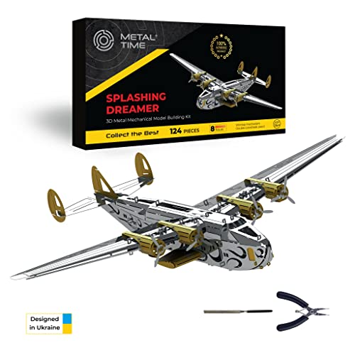 METAL-TIME SPLASHING DREAMER, 3D Metal Airplane Model Mechanical Building Kit, Unique Wind-Up Moving Mechanism, Stainless Steel DIY Construction with Toolbox - 124 Pieces.