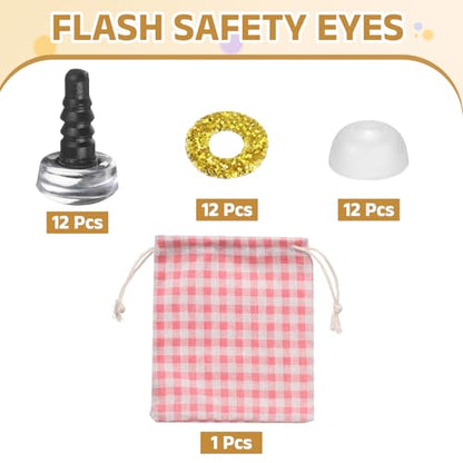 MECCANIXITY 12 Pcs Glitter Safety Eyes, 9mm Plastic 3D Crochet Doll Eyes with Washers and Drawstring Bag for Puppet Bear DIY Crafts Stuffed Animals Making Supplies, Gold - color: Gold