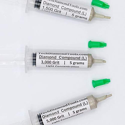 TechDiamondTools Diamond Polishing Paste Kit — 3 Grits (1500, 3000, 5000) | USA Made | Oil-Based Syringes | Progressive Polishing Set for Metal, Glass, Gemstone, Knife, Jewelry | 10% Diamond Powder - size: 1500 3000 5000 Grit, style: Light 10% concentrati