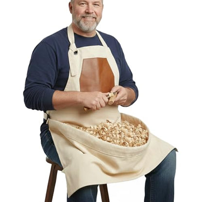 Woodcarving Apron-Work Apron with Brown Leather Chest Patches, Tool Pocket - color: Brown