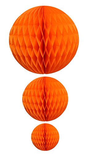 Orange Honeycomb Balls, Set of 3 (12 inch, 8 inch, 5 inch) - color: Orange