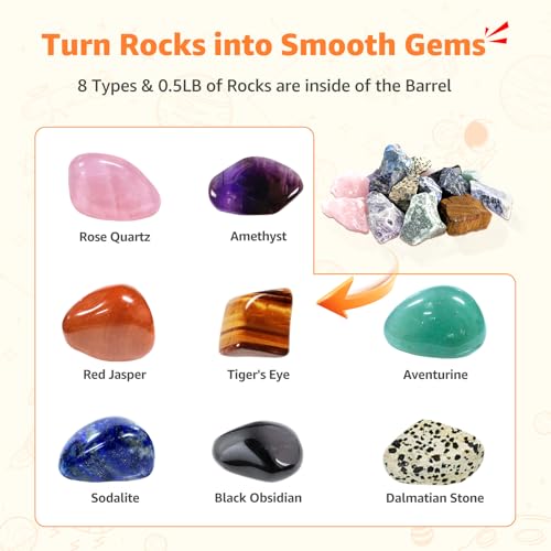 C5 Starter Rock Tumbler Kit for Kids & Beginners, Quieter Rock Polisher with Upgraded Noise-Reducing Cover, 3 Speeds, 9-Day Timer & Memory, Rocks, Grit & STEM Guide