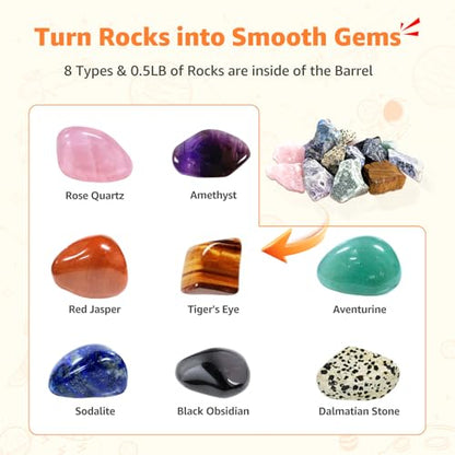 C5 Starter Rock Tumbler Kit for Kids & Beginners, Quieter Rock Polisher with Upgraded Noise-Reducing Cover, 3 Speeds, 9-Day Timer & Memory, Rocks, Grit & STEM Guide