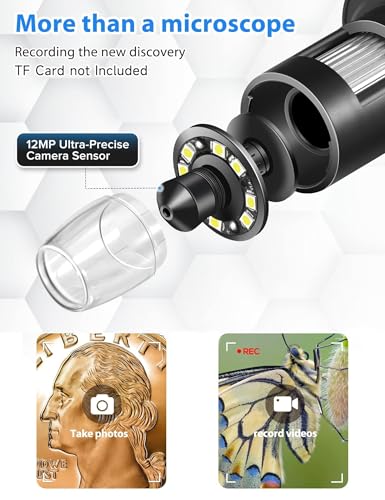 7'' Digital Microscope 1200X, 12MP 1080P Photo/Video Microscope for Adults Soldering Coins,Metal Stand,Wired Remote,10 LED Fill Lights,PC View,Windows/Mac - Black - color: Black