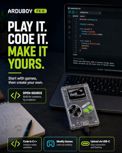 Arduboy FX-C Programmable Open Source 8-Bit Retro Handheld Game Console - 300+ Preloaded Classic Games, STEM Coding Board, USB-C Multiplayer, Credit Card Size Pocket Retro Gaming Device