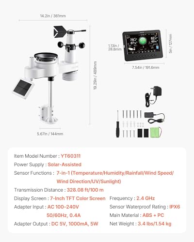 VEVOR 7-in-1 Wi-Fi Weather Station, 7-Inch TFT Display, Wireless Solar Powered Outdoor Sensor, Rain Gauge, Indoor Outdoor for Weather Forecast, Wind Speed Direction, Temperature, Humidity, Rainfall - style: Classic