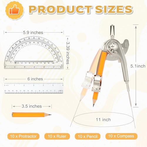 40 Pieces Geometry Math Set Compass for Geometry Math Compass and Protractor Set Include Metal Compass with Pencil Plastic Ruler and Protractor for Student School Office Woodworking Drawing Tools