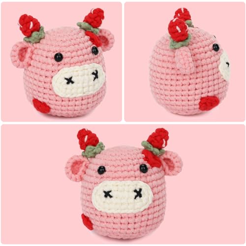 Crochet Kit for Beginners Adults - Cow Starters Crocheting Animal Kits for Teen, DIY Craft Birthday Gift with Crochet Yarns, Hook, Step-by-Step Video, Instruction and Crochet Accessories - color: Pink Cow