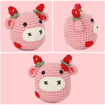 Crochet Kit for Beginners Adults - Cow Starters Crocheting Animal Kits for Teen, DIY Craft Birthday Gift with Crochet Yarns, Hook, Step-by-Step Video, Instruction and Crochet Accessories - color: Pink Cow