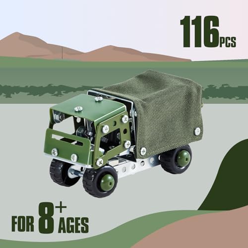 Military Truck STEM Building Toy Set,Metal Model Car Kits to Build for 8+