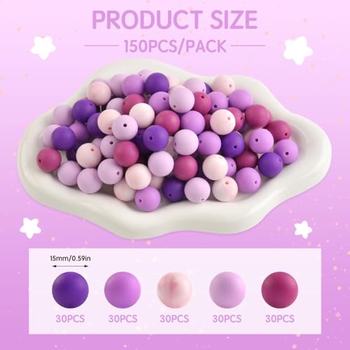 ZIFTY 150Pcs Purple Silicone Beads for Keychain DIY Making Kit 15mm Bulk - color: Purple-150Pcs