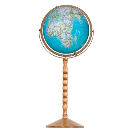 Treasury 12" Diameter Blue Illuminated Globe, USA Cartography, Convertible to Desktop with Sturdy Metal Base and Hand Turned Hard Wood Stand.This economical 12” floor model stands 32” high on a durable metal base and attractive wooden pedestal. Easily con