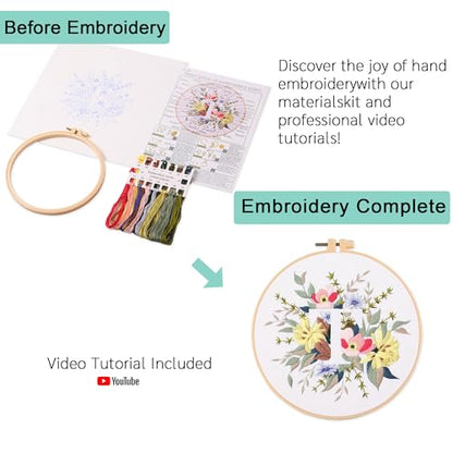 Harimau Letter Pattern T Embroidery Kit for Adult Beginners, Complete Starter Pack with 1 Hoop, Needles, Instruction Guide & Embroidery Stitch Video Tutorials - color: T