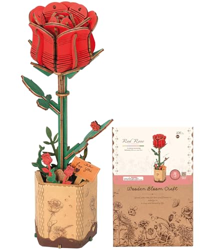 ROBOTIME Red Rose 3D Wooden Flower Puzzle, DIY Craft Kit for Adults, Everlasting Artificial Floral Bouquet, Creative Gift - color: Red Rose
