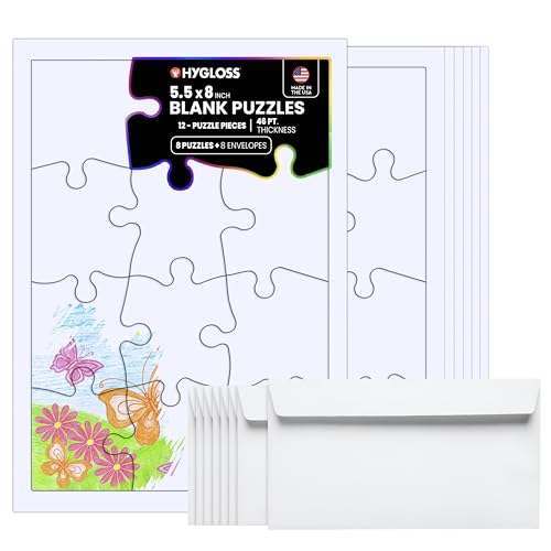 Hygloss 8 Blank Jigsaw Puzzles with Envelopes – 5.5 x 8 Inch, 12 Pieces Each – DYI Party invites, Perfect for Decorating, Kids' Activities, Arts & Crafts or Party Favors - size: 12 Puzzle Pieces, style: 8 Puzzles with Envelopes