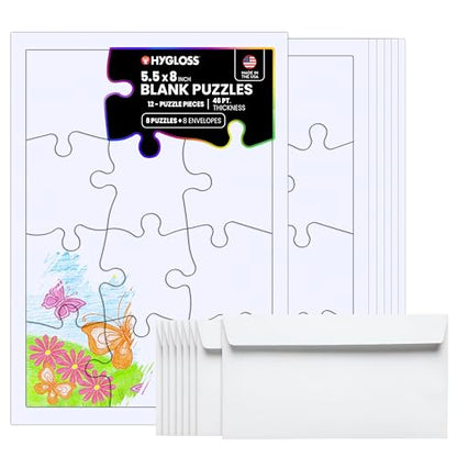 Hygloss 8 Blank Jigsaw Puzzles with Envelopes – 5.5 x 8 Inch, 12 Pieces Each – DYI Party invites, Perfect for Decorating, Kids' Activities, Arts & Crafts or Party Favors - size: 12 Puzzle Pieces, style: 8 Puzzles with Envelopes