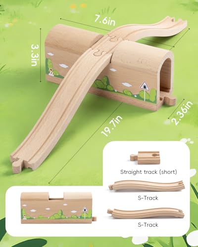 Wooden Train Track Bridge & Tunnel Set, Railway Expansion Kit with Ascending & Descending Ramp Tracks, Compatible with Major Wooden Train Systems, for Kids Creative Play and Learning - style: Wooden Tunnel Set