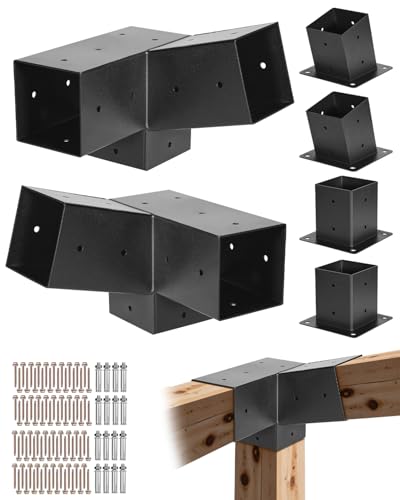 VEVOR Pergola Kit, 4x4 Inch 3-Way Slanted Brackets for 3.5x3.5 Inch Wood Beams in Actual Size, 2-Pack Pergola Brackets with 2 Post Bases and 2 Wall Mount Bases, for Outdoor Pergolas, Gazebos, Sheds - size: 2PC 15°3-Way+4PC Base Post 4*4 SET