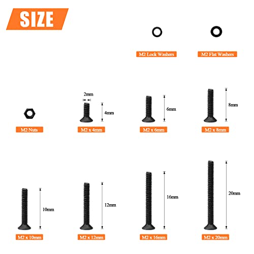 HELIFOUNER 560 Pieces M2 x 4mm /6mm /8mm /10mm /12mm /16mm /20mm, Countersunk Head Socket Cap Screws Bolts Washers Nuts Kit, 10.9 Grade Alloy Steel, Full Threaded, Black - size: M2, style: Countersunk Head