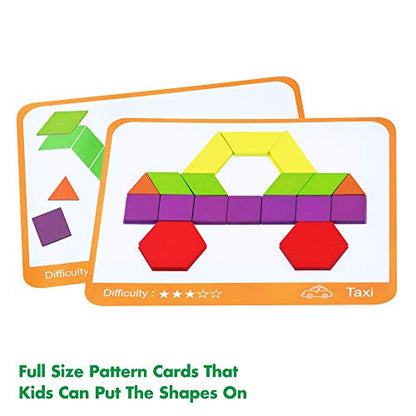 SpriteGru 300 PCS Wooden Pattern Blocks Set for Kids with 24 Double-Sided Design Cards(48 Patterns) and Storage Bag in Gift Box,Fun Montessori Learning Toys - style: 300 Pcs Blocks Set