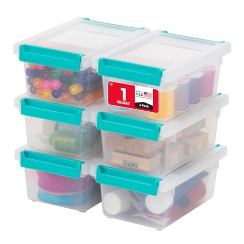 IRIS USA Storage Bins with Lids |Made in USA| 1 Qt - (6-Pack) - Clear - color: Clear/Seafoam Blue, size: 1 Qt. - 6 Pack