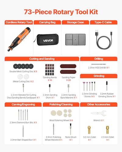 VEVOR 73-Piece Cordless Rotary Tool Kit, DC4V Portable Mini Power Rotary Tool, 5-Level Speed 7000-20000 RPM Multi-Purpose DIY Tools for Engraving, Sanding, Polishing, Carving, Cutting, DIY Crafts - style: 73PCS