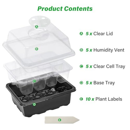 Bonviee 5-Pack Seed Starter Trays, Humidity Dome, Base, 12-Cell Tray, Black - color: Black, size: 5 Packs