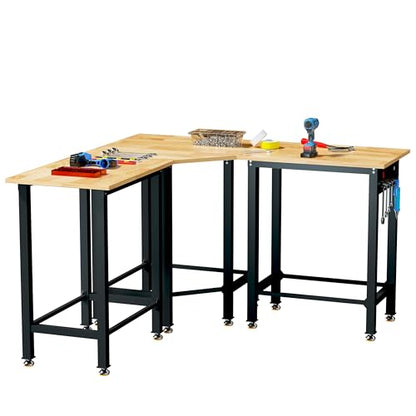 Betterhood 48"/60" Heavy-Duty Adjustable Workbench for Garage, Rubber Wood Shop Table,Hardwood Workstation Weight Capacity Over 1500 Lbs (Rubber Pad/Power Outlets/Ruler/63 x21.7 x35.8) - size: Rubber Pad/Power Outlets/Ruler/63"x21.7"x35.8"