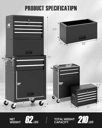 Goplus 6 Drawers Tool Chest, Rolling Metal Tool Box with Universal Wheels, Protective Liner, Detachable Top Toolbox, Auto Lock, 3-in-1 Large Tool Cabinet for Garage Shop Auto Repair - color: Black, style: Large 6 Drawers