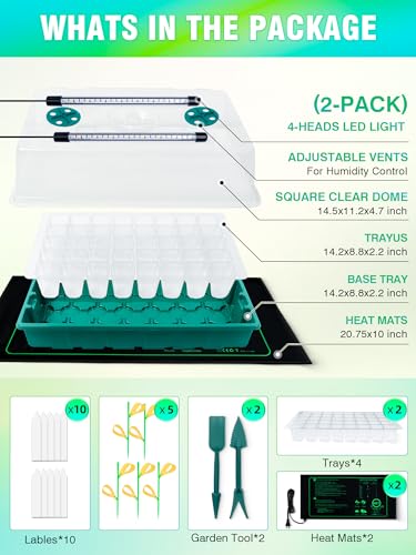 Seed Starter Tray with Grow Lights and Heat Mat, 3-in-1 Soil Meter, 80-Cell Seed Growing Tray, Germination & Plant Propagation Station for Indoor Plants 2-Pack