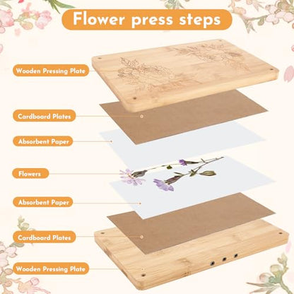 NIUGRECF 1Set Large Wooden Flower Press Kit - Even Pressure Flowers Pressed DIY Arts Set for Making Dried Flower/Plant（11in*7in）