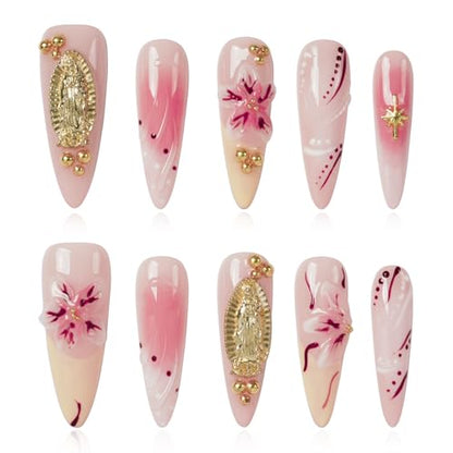 Handmade Press on Nails Long Stiletto - Virgin Mary 3D Gold Charm Pink Ombre Lily Flower Fake Nails, Reusable Acrylic Nail Art Kit for Women, 10Pcs (Blush Gilded Gold,S) - color: Blush Gilded Gold, size: S
