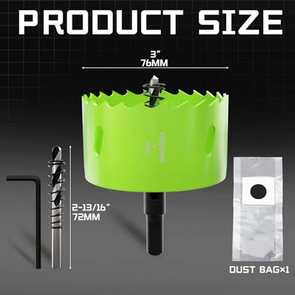 3" (76mm) Bi-Metal Hole Saw with Arbor - Multi-Material Cutting Kit for Thin Iron, Wood & Drywall - High-Speed Steel Teeth with Smooth Cutting Edge, Fast Chip Removal & Bonus Dust-Proof Bag - size: 3" (76mm)