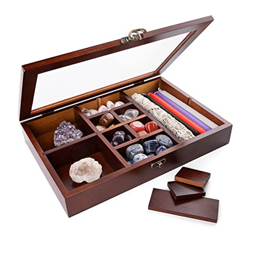 Adjustable Rock Collection Box, Wood Crystal Display Case for Gemstone - color: Brown