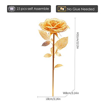 Piececool 3D Metal Puzzles Rose Flower Model Kits, Artificial Flowers Metal Building Blocks DIY 3D Puzzle for Adults, for Father Mothers Valentines Day, 15Pcs Gold - color: Golden