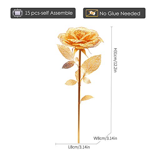 Piececool 3D Metal Puzzles Rose Flower Model Kits, Artificial Flowers Metal Building Blocks DIY 3D Puzzle for Adults, for Father Mothers Valentines Day, 15Pcs Gold - color: Golden