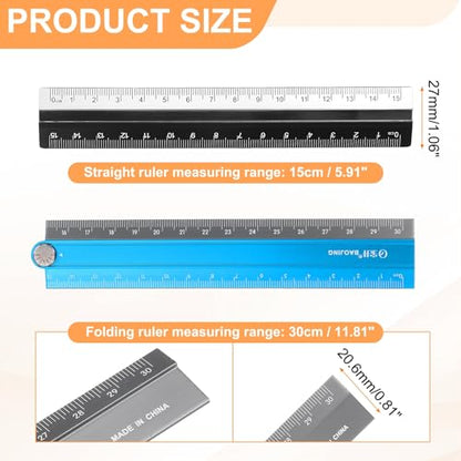 HARFINGTON Folding and Straight Ruler Kit 30/15cm Metric Aluminum Alloy Plastic Protractor Foldable Angle Ruler for Home Classroom Office, Black/Blue-Gray - color: Blue-Gray