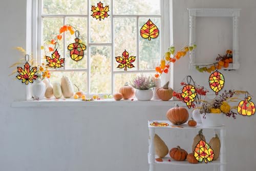 Renbuzhu 40PCS Fall Crafts Bulk: Leaves Pumpkins Paper Suncatchers DIY Kit for Autumn Thanksgiving Activities Decorations, Window Stained Glass Effect Art Supplies(Black Frame) - style: fall