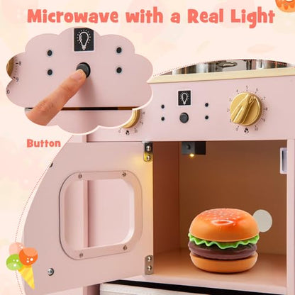 Costzon Kids Kitchen Playset, Wooden Pretend Play Kitchen w/Real Lights & Sounds, Chalkboard, Microwave, Ice Maker, Dishwasher, Sink, Cookware Accessories, Play Kitchen for Kids Ages 3+ (Pink) - color: Wooden Pink
