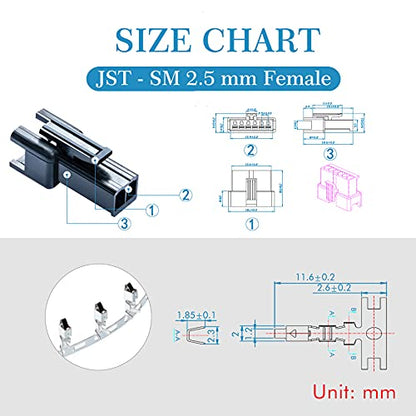 CQRobot JST SM 2.5 mm Pitch 2-Pin Electronic Connector IC Male Plugs, Female Sockets Housing and Male/Female T-Shaped Crimp Terminal Kit. 50 Sets/300 Pieces Wire-Wire Adapter Cable Assembly. - size: 2P, style: SM-N