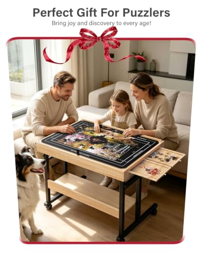 1500-Piece Wooden Puzzle Table with Moving Caster for Family Puzzling, Height Adjustable Puzzle Board with Drawers & Felt Cover for Adults & Kids, Gift for Mom, Parent, and Puzzle Enthusiasts